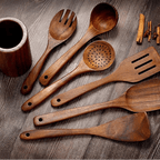 Set of wooden kitchen utensils on a wooden surface with text describing their properties.
