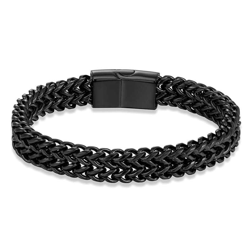 A black braided chain link bracelet with a matching matte black rectangular clasp, displayed on a clean white background.