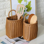 Two wicker baskets with wooden utensils on a surface with a light background