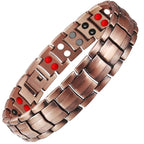 Rose gold bracelet with red and black stones on a white background