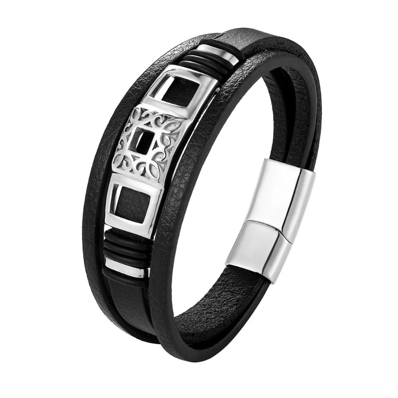 Black leather bracelet with silver metal clasp on a white background