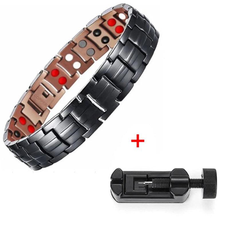 Metallic bracelet with a tool for adjusting size on a white background