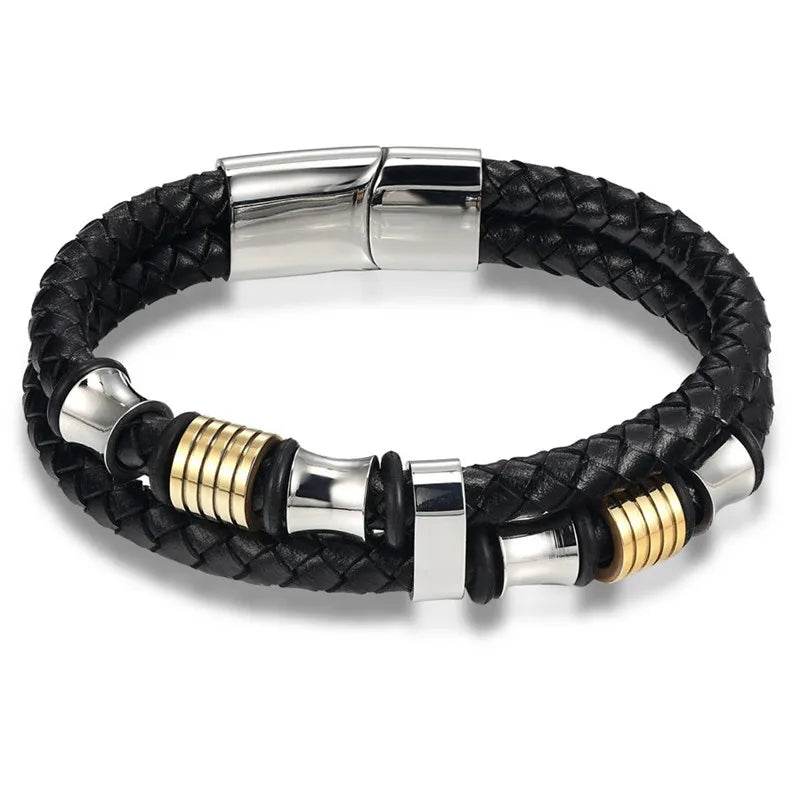 EMESA HOME Fashion Stainless Steel Charm Bracelet – Black Leather, Genuine Braided, Punk Rock Jewelry Accessories for Men BXXG221Silver-gold