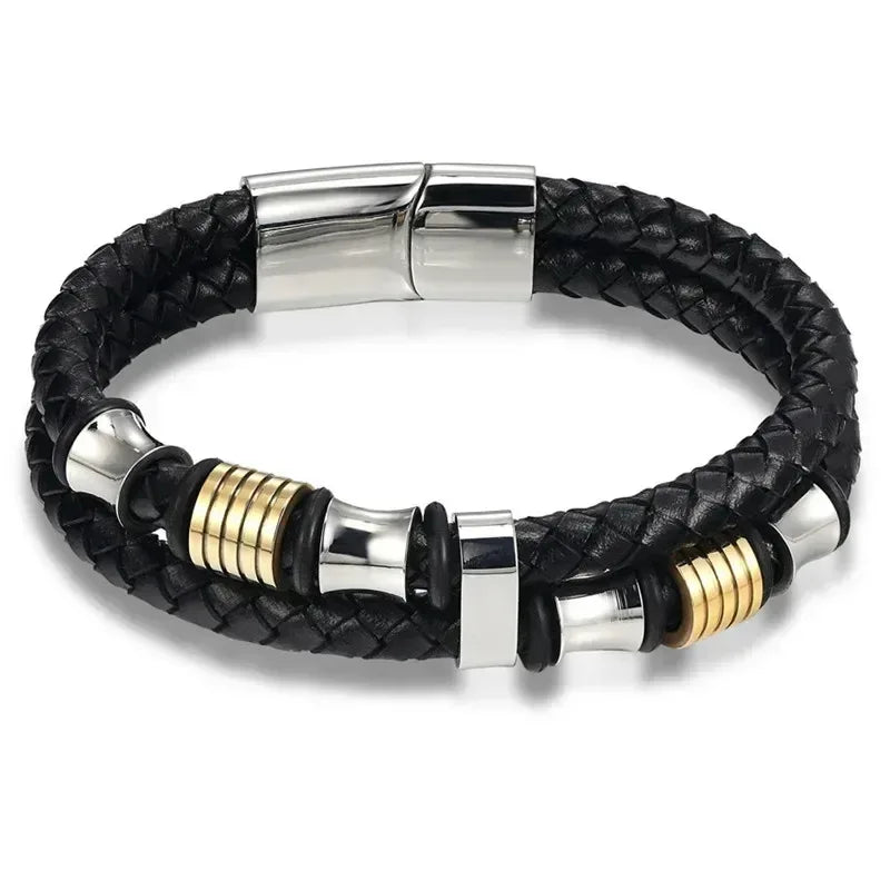 EMESA HOME Fashion Stainless Steel Charm Bracelet – Black Leather, Genuine Braided, Punk Rock Jewelry Accessories for Men - EMESA HOME™
