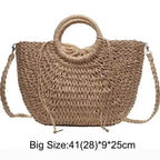EMESA HOME Handmade Straw Bag – Women’s Woven Beach Tote, Moon-Shaped Top Handle Handbag, Summer Holiday Shoulder Bag - EMESA HOME™