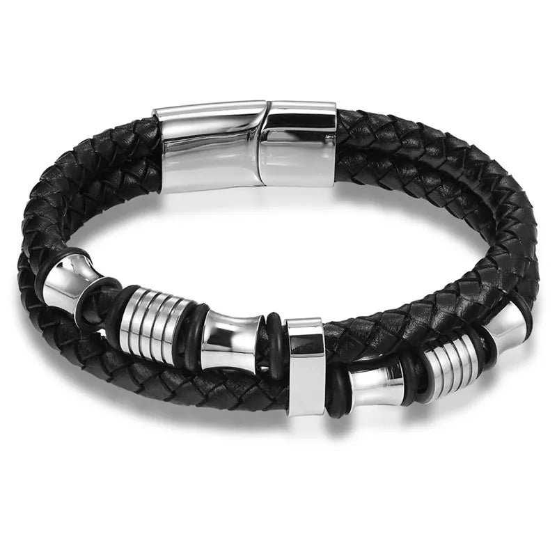 EMESA HOME Fashion Stainless Steel Charm Bracelet – Black Leather, Genuine Braided, Punk Rock Jewelry Accessories for Men BXXG222Silver