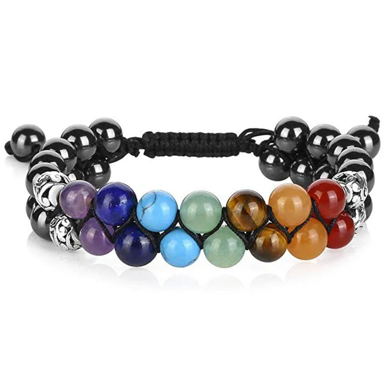 Multicolored beaded bracelet on a white background