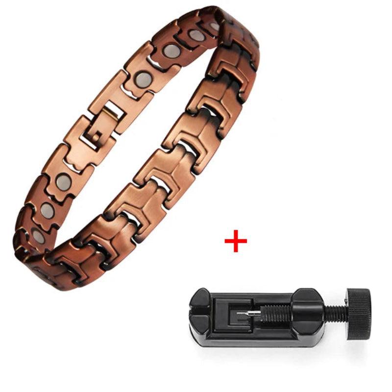 Copper magnetic bracelet with a tool on a white background