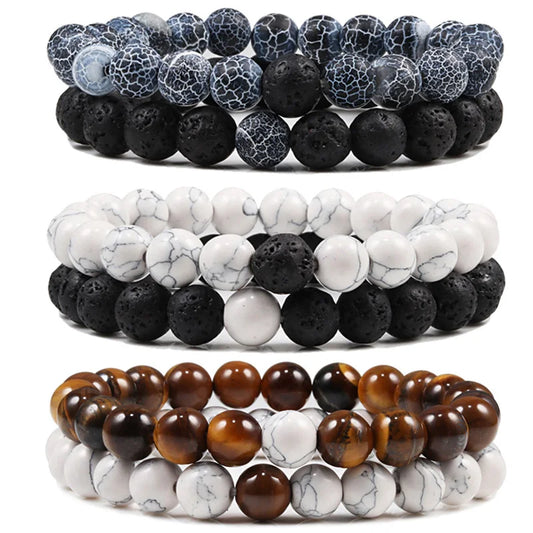 EMESA HOME Couples Lava Stone & Tiger Eye Beaded Bracelets, Elastic Rope Jewelry Set for Men & Women, Black & White Yoga Bracelets.