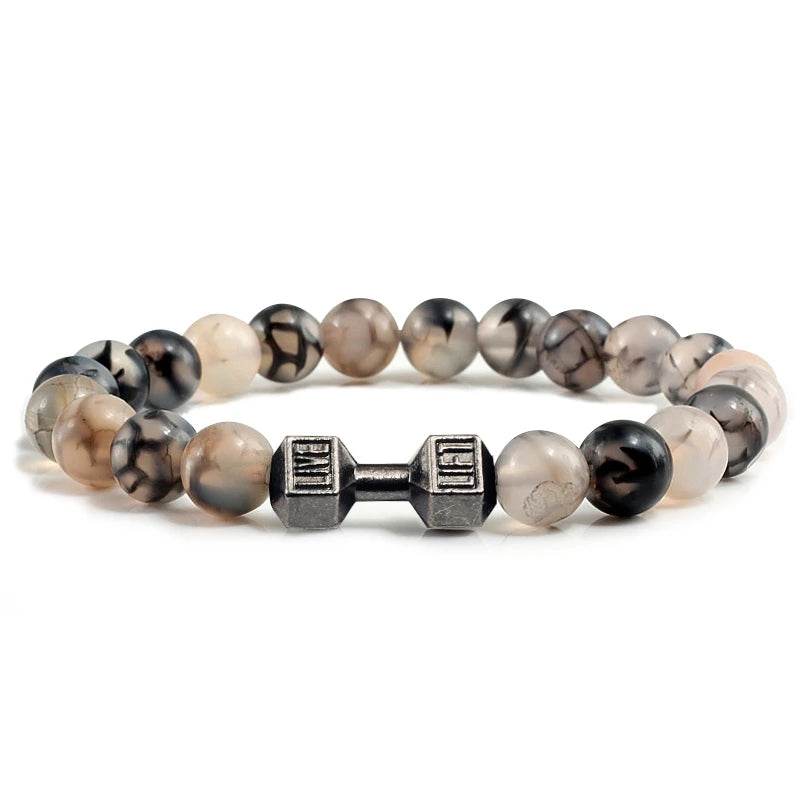 EMESA HOME Volcanic Stone Bead Bracelet – Matte Black Lava & White Dumbbell Charm Fitness Jewelry for Men & Women Black Pattern Black