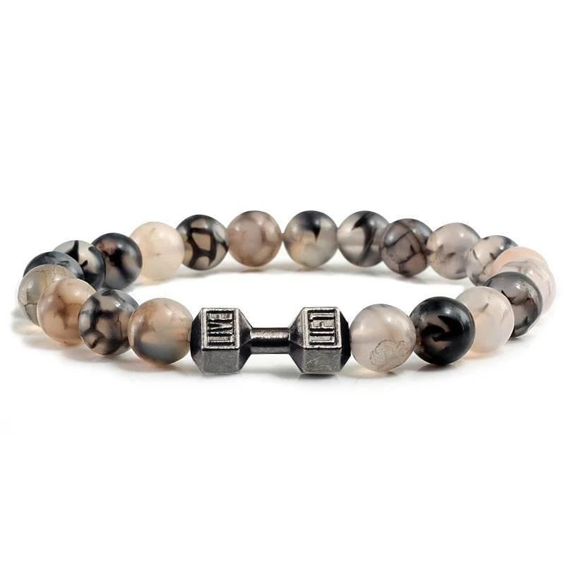 EMESA HOME Volcanic Stone Bead Bracelet – Matte Black Lava & White Dumbbell Charm Fitness Jewelry for Men & Women - EMESA HOME™