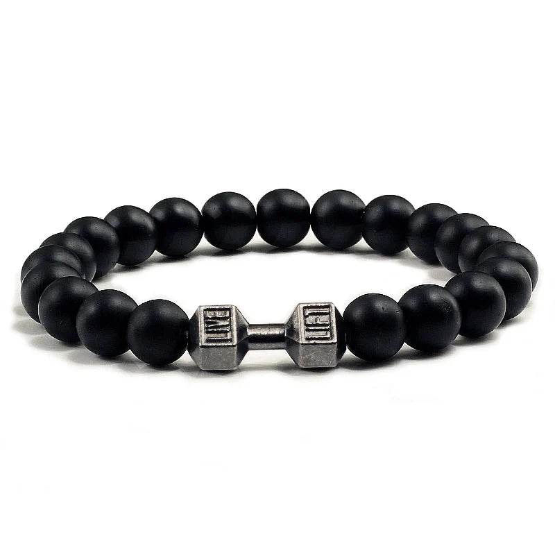 EMESA HOME Volcanic Stone Bead Bracelet – Matte Black Lava & White Dumbbell Charm Fitness Jewelry for Men & Women Black Matte Black
