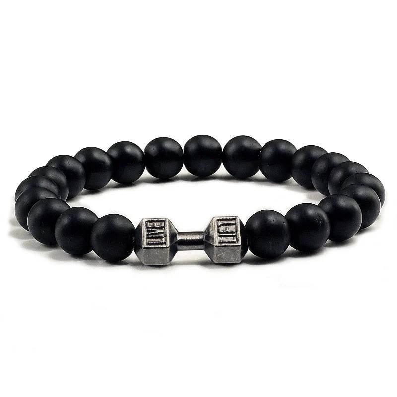 EMESA HOME Volcanic Stone Bead Bracelet – Matte Black Lava & White Dumbbell Charm Fitness Jewelry for Men & Women - EMESA HOME™