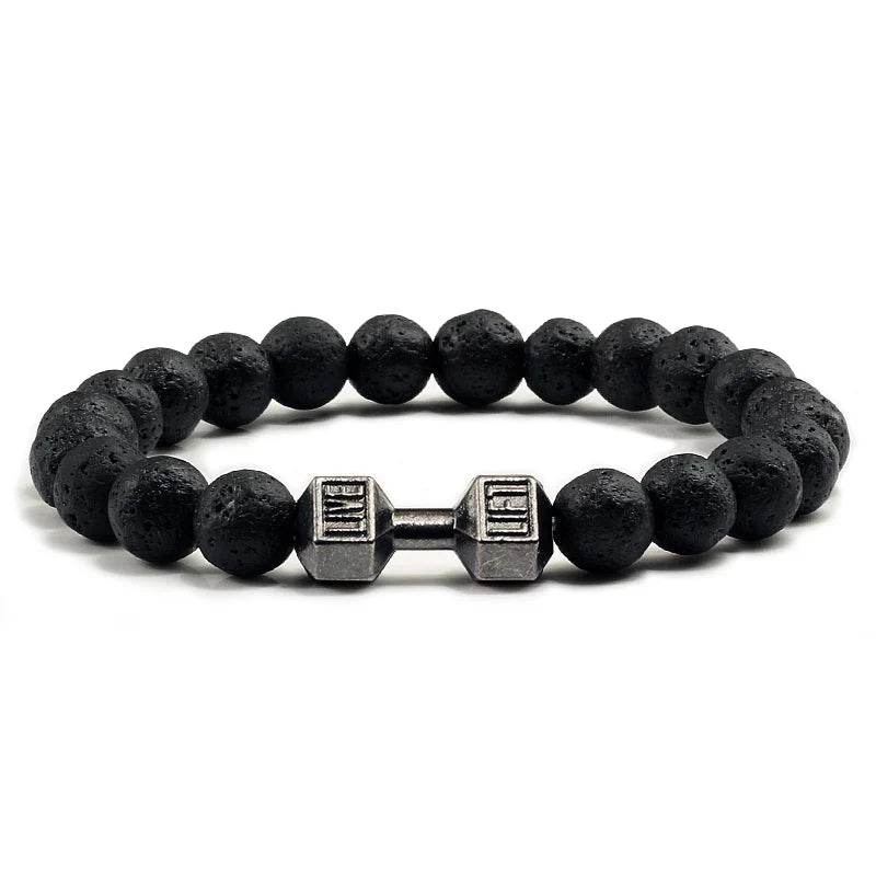 EMESA HOME Volcanic Stone Bead Bracelet – Matte Black Lava & White Dumbbell Charm Fitness Jewelry for Men & Women Black Lava Black