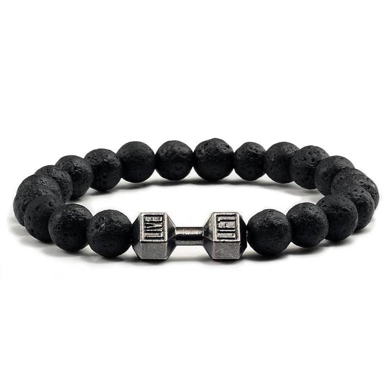 EMESA HOME Volcanic Stone Bead Bracelet – Matte Black Lava & White Dumbbell Charm Fitness Jewelry for Men & Women - EMESA HOME™