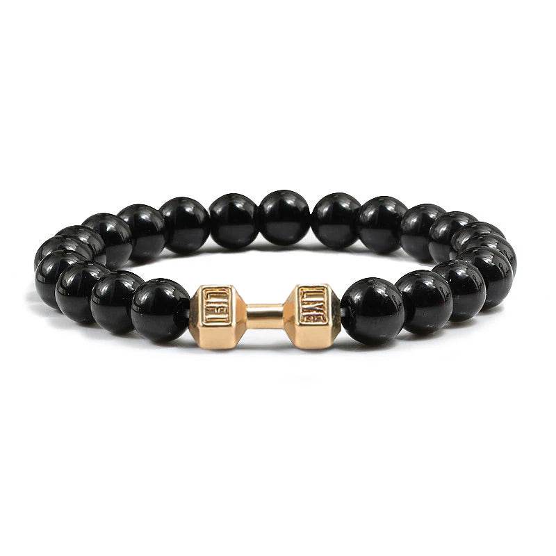 EMESA HOME Volcanic Stone Bead Bracelet – Matte Black Lava & White Dumbbell Charm Fitness Jewelry for Men & Women Bright Black G
