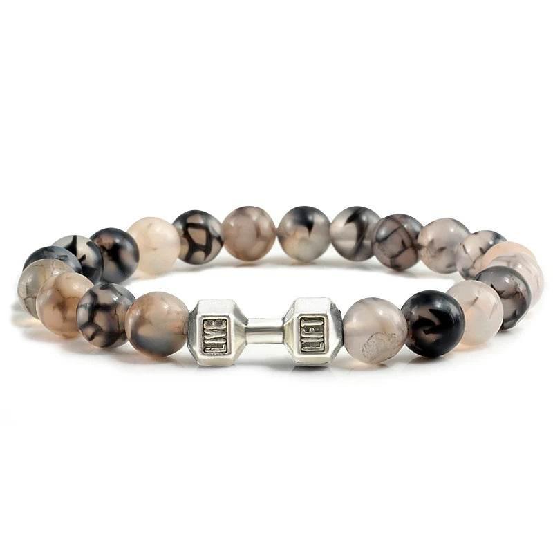 EMESA HOME Volcanic Stone Bead Bracelet – Matte Black Lava & White Dumbbell Charm Fitness Jewelry for Men & Women - EMESA HOME™