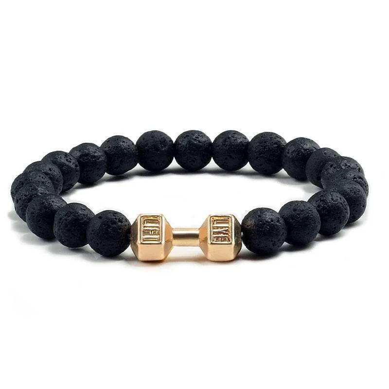EMESA HOME Volcanic Stone Bead Bracelet – Matte Black Lava & White Dumbbell Charm Fitness Jewelry for Men & Women - EMESA HOME™