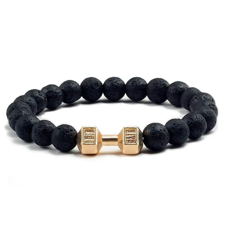 EMESA HOME Volcanic Stone Bead Bracelet – Matte Black Lava & White Dumbbell Charm Fitness Jewelry for Men & Women Lava Gold