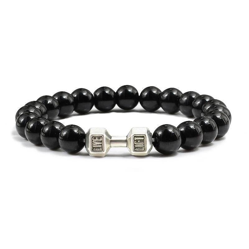 EMESA HOME Volcanic Stone Bead Bracelet – Matte Black Lava & White Dumbbell Charm Fitness Jewelry for Men & Women - EMESA HOME™