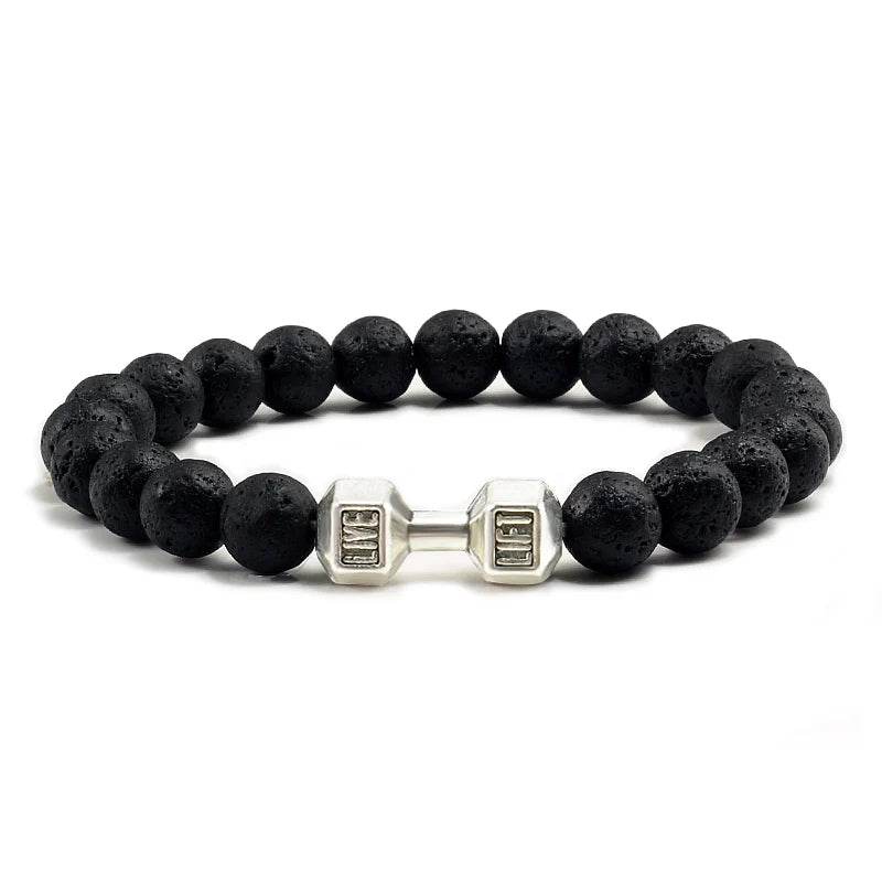 EMESA HOME Volcanic Stone Bead Bracelet – Matte Black Lava & White Dumbbell Charm Fitness Jewelry for Men & Women Lava Sliver