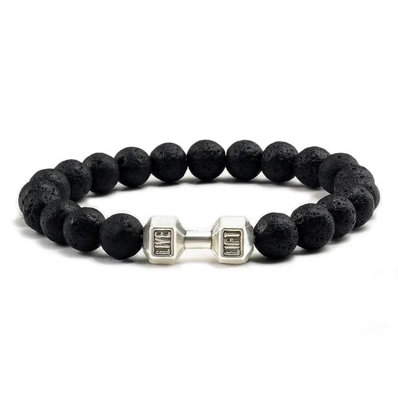 EMESA HOME Volcanic Stone Bead Bracelet – Matte Black Lava & White Dumbbell Charm Fitness Jewelry for Men & Women - EMESA HOME™