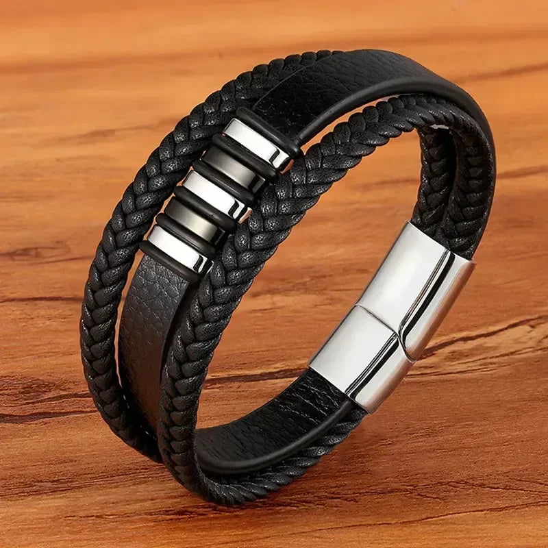 EMESA HOME Fashion Stainless Steel Charm Bracelet – Black Leather, Genuine Braided, Punk Rock Jewelry Accessories for Men - EMESA HOME™