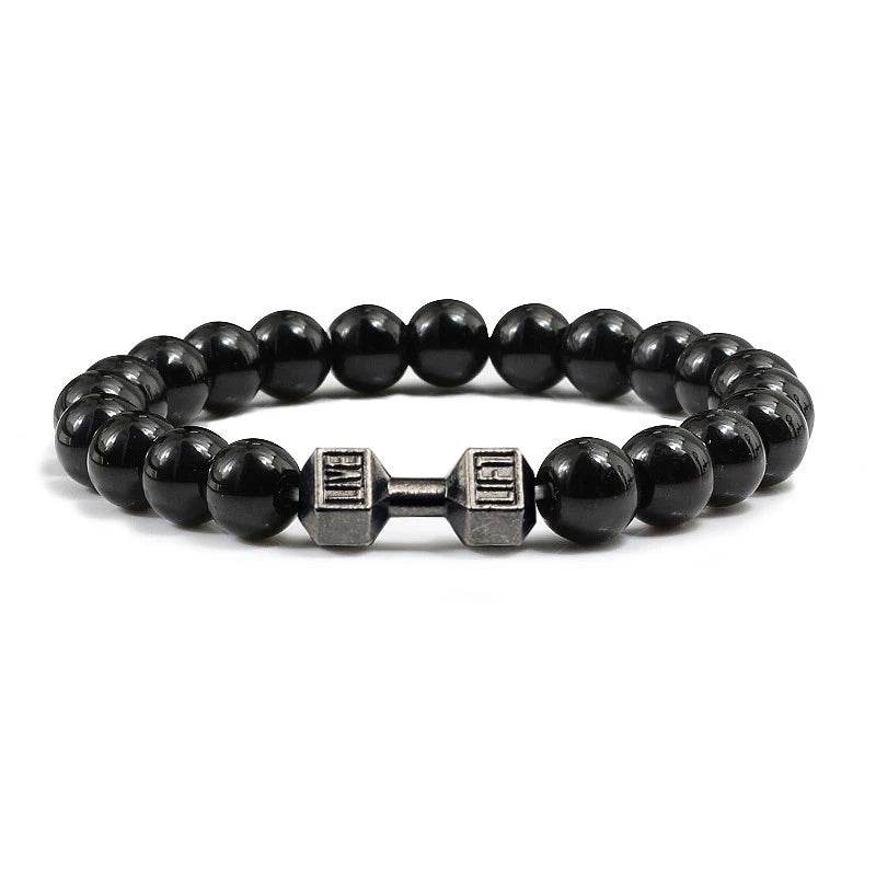 EMESA HOME Volcanic Stone Bead Bracelet – Matte Black Lava & White Dumbbell Charm Fitness Jewelry for Men & Women Bright Black