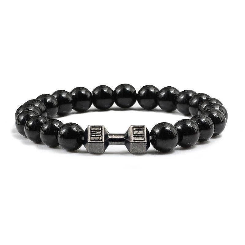 EMESA HOME Volcanic Stone Bead Bracelet – Matte Black Lava & White Dumbbell Charm Fitness Jewelry for Men & Women - EMESA HOME™