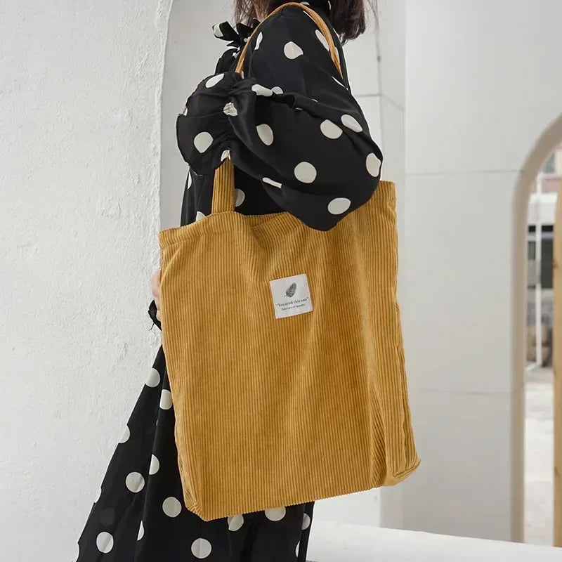 EMESA HOME Corduroy Canvas Tote Bag – Casual Reusable Shoulder Handbag for Women - EMESA HOME™