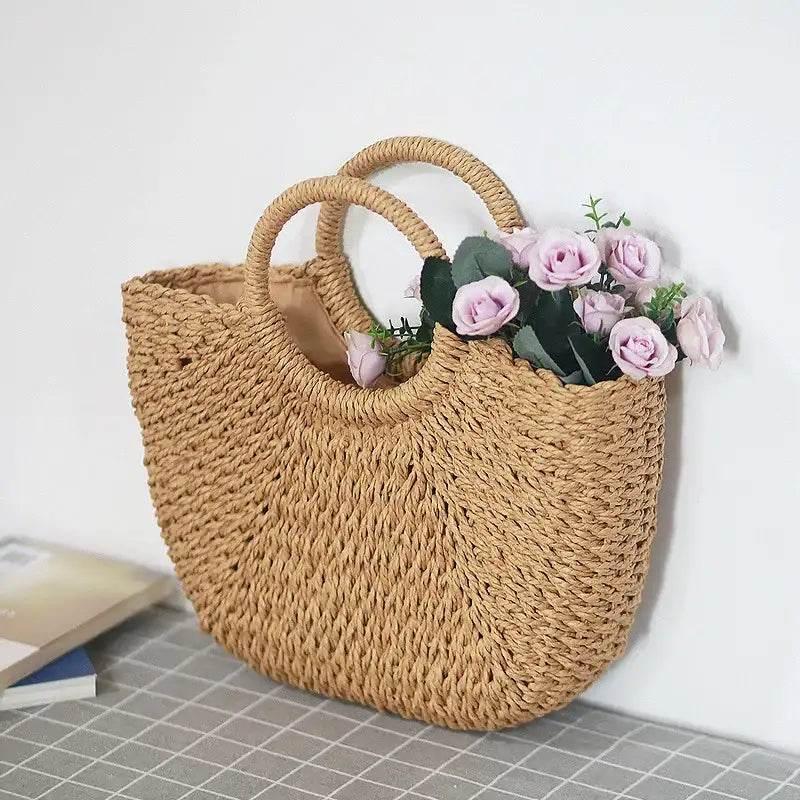 EMESA HOME Handmade Straw Bag – Women’s Woven Beach Tote, Moon-Shaped Top Handle Handbag, Summer Holiday Shoulder Bag - EMESA HOME™
