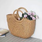 EMESA HOME Handmade Straw Bag – Women’s Woven Beach Tote, Moon-Shaped Top Handle Handbag, Summer Holiday Shoulder Bag - EMESA HOME™