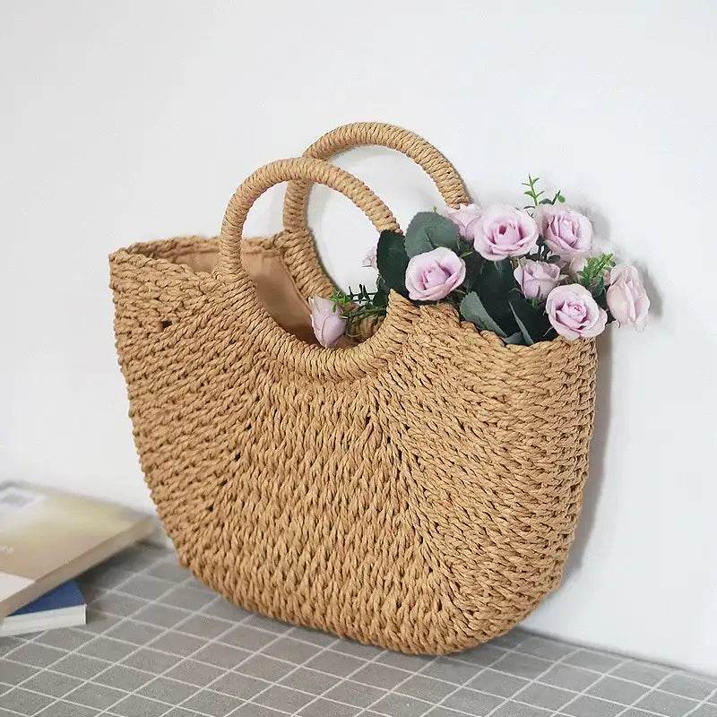 EMESA HOME Handmade Straw Bag – Women’s Woven Beach Tote, Moon-Shaped Top Handle Handbag, Summer Holiday Shoulder Bag