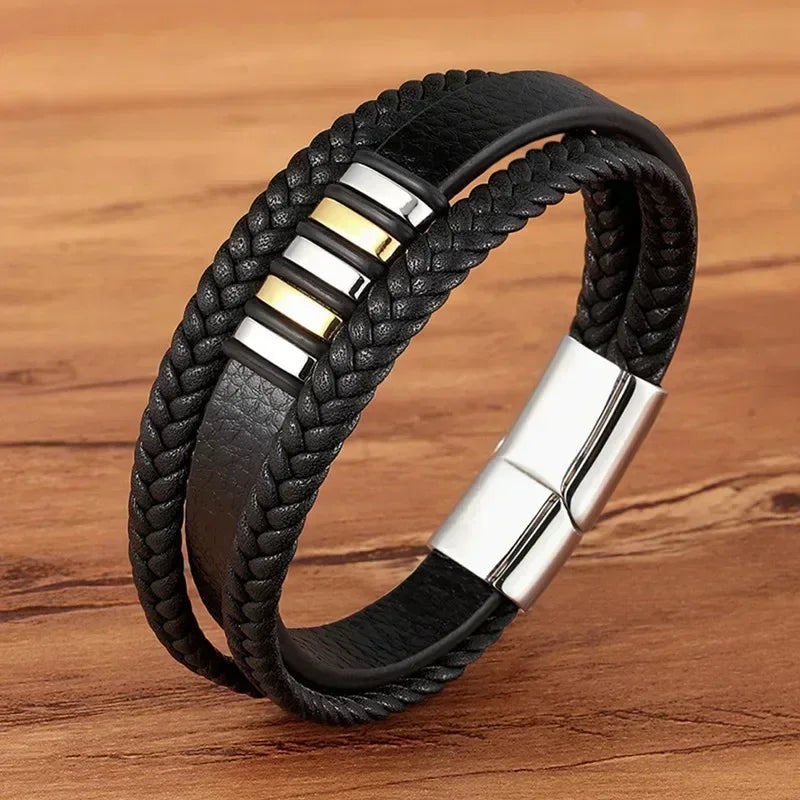 EMESA HOME Fashion Stainless Steel Charm Bracelet – Black Leather, Genuine Braided, Punk Rock Jewelry Accessories for Men - EMESA HOME™