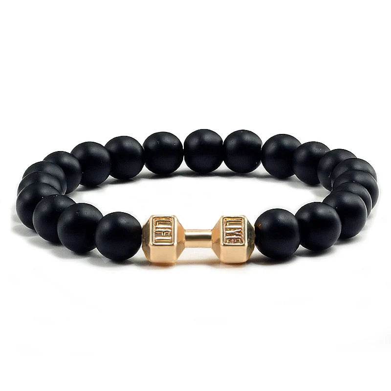 EMESA HOME Volcanic Stone Bead Bracelet – Matte Black Lava & White Dumbbell Charm Fitness Jewelry for Men & Women Black Matte G