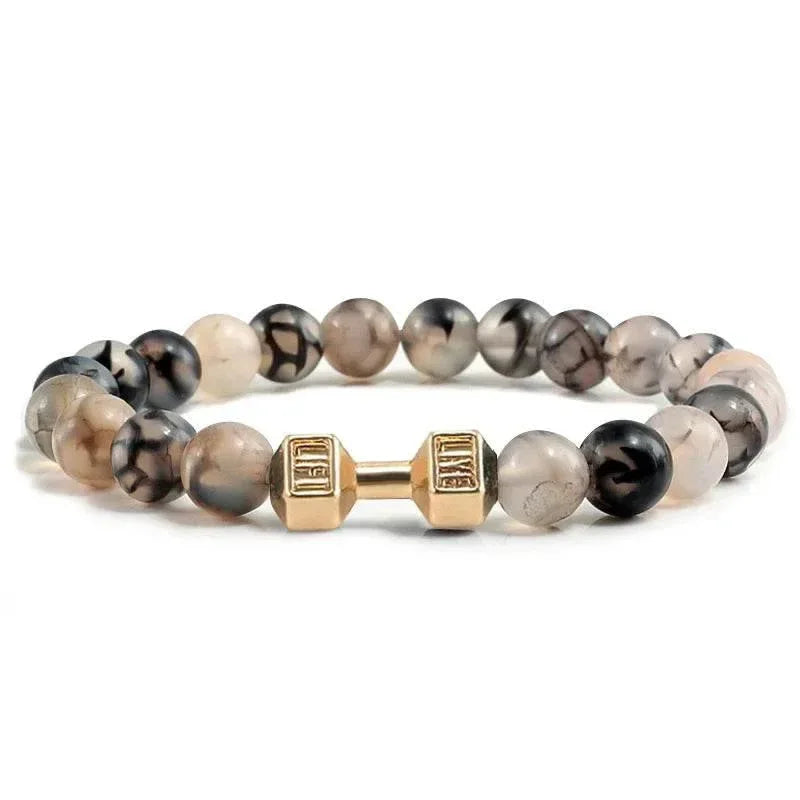 EMESA HOME Volcanic Stone Bead Bracelet – Matte Black Lava & White Dumbbell Charm Fitness Jewelry for Men & Women - EMESA HOME™