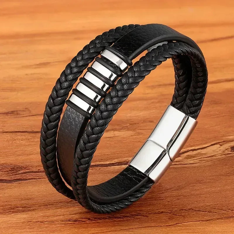 EMESA HOME Fashion Stainless Steel Charm Bracelet – Black Leather, Genuine Braided, Punk Rock Jewelry Accessories for Men - EMESA HOME™