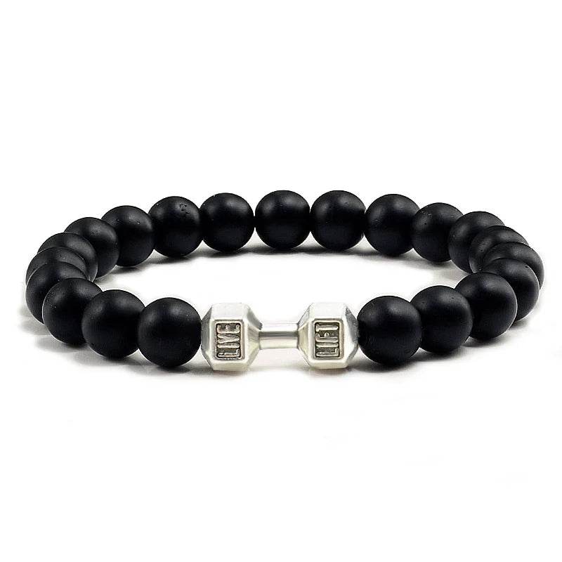 EMESA HOME Volcanic Stone Bead Bracelet – Matte Black Lava & White Dumbbell Charm Fitness Jewelry for Men & Women Black Matte S