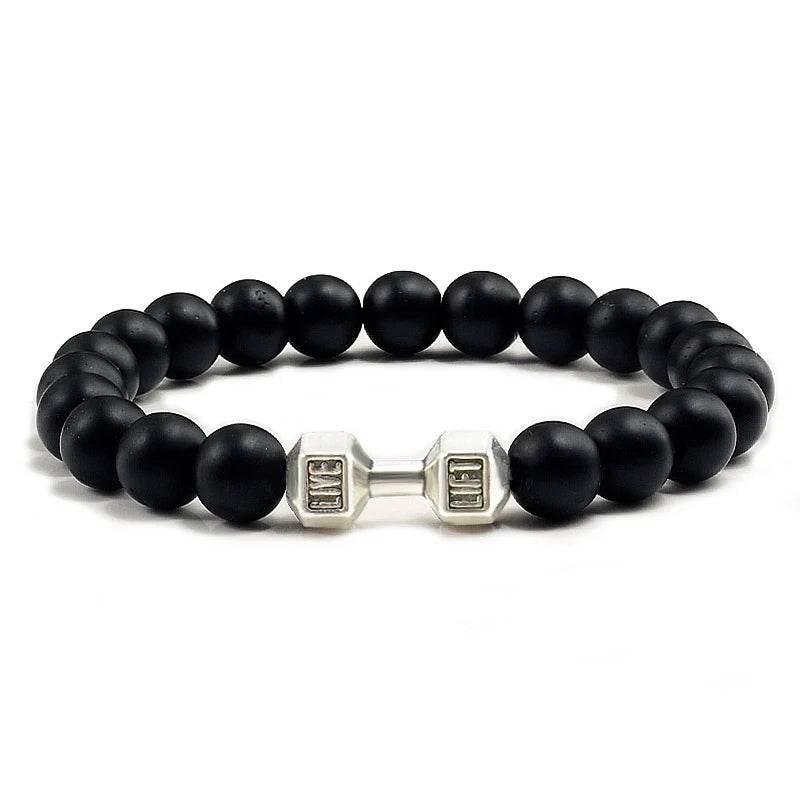 EMESA HOME Volcanic Stone Bead Bracelet – Matte Black Lava & White Dumbbell Charm Fitness Jewelry for Men & Women - EMESA HOME™