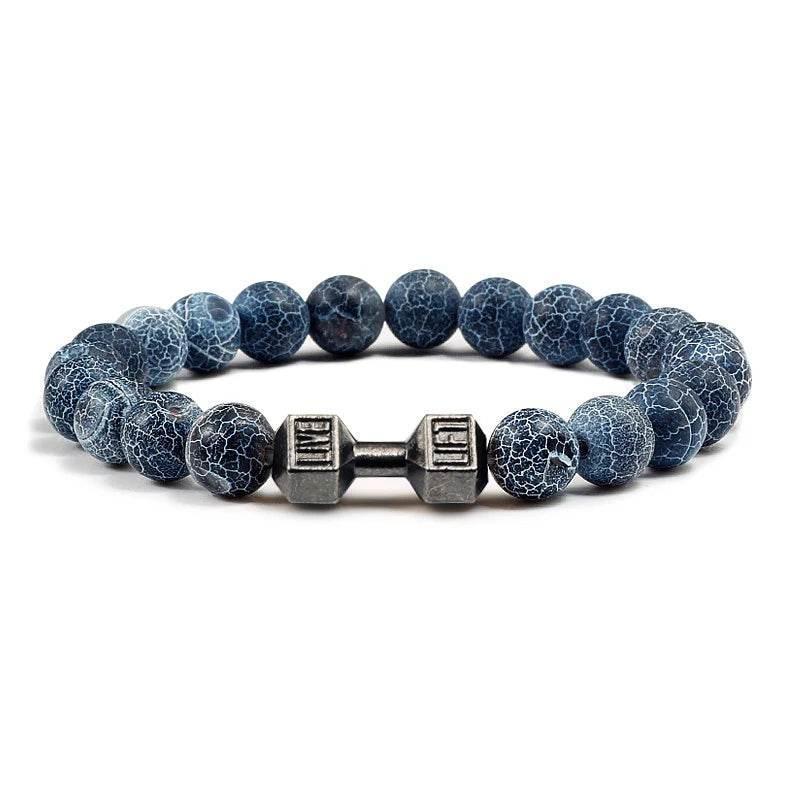 EMESA HOME Volcanic Stone Bead Bracelet – Matte Black Lava & White Dumbbell Charm Fitness Jewelry for Men & Women - EMESA HOME™