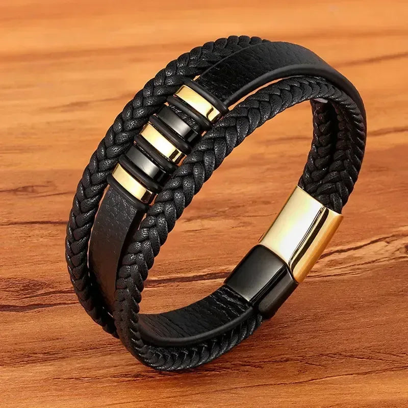 EMESA HOME Fashion Stainless Steel Charm Bracelet – Black Leather, Genuine Braided, Punk Rock Jewelry Accessories for Men - EMESA HOME™