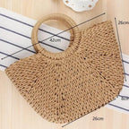EMESA HOME Handmade Straw Bag – Women’s Woven Beach Tote, Moon-Shaped Top Handle Handbag, Summer Holiday Shoulder Bag - EMESA HOME™