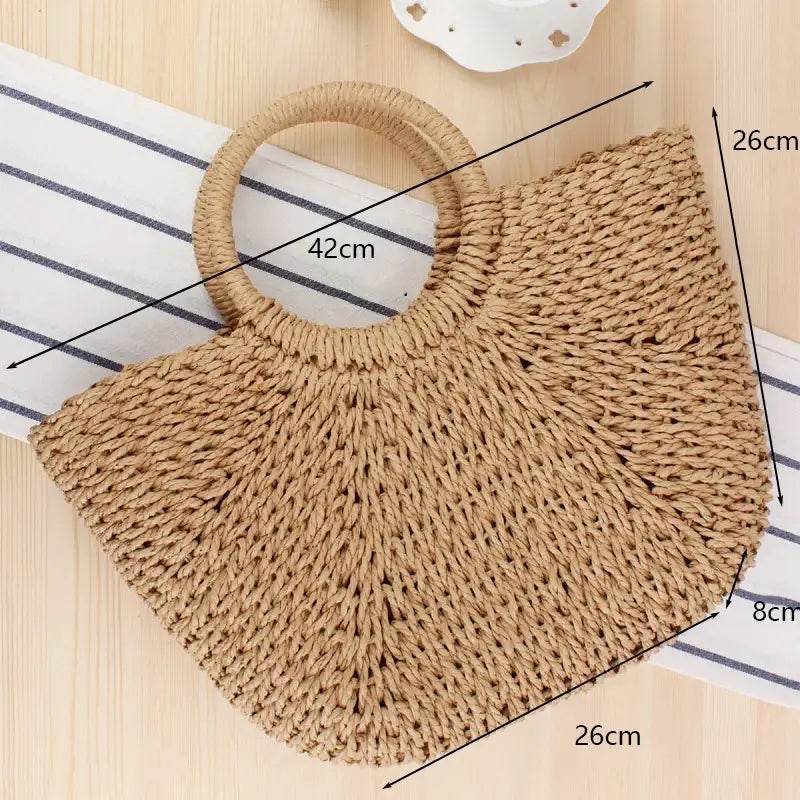 EMESA HOME Handmade Straw Bag – Women’s Woven Beach Tote, Moon-Shaped Top Handle Handbag, Summer Holiday Shoulder Bag Khaki no strap L as picture