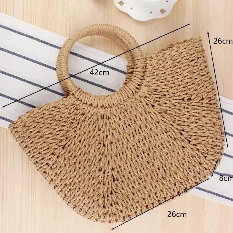 EMESA HOME Handmade Straw Bag – Women’s Woven Beach Tote, Moon-Shaped Top Handle Handbag, Summer Holiday Shoulder Bag - EMESA HOME™