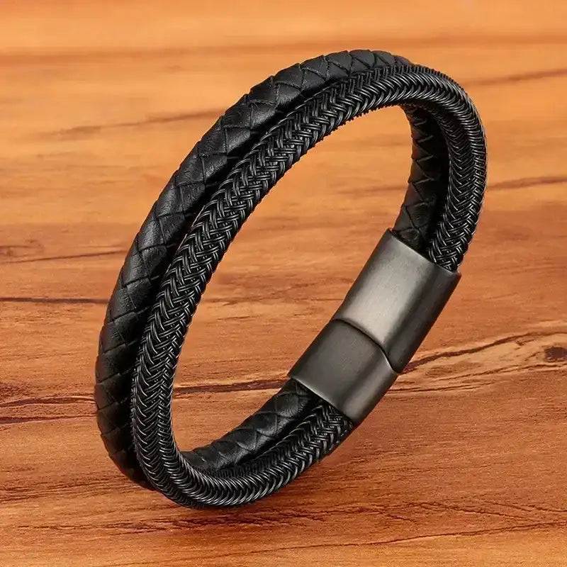 EMESA HOME Fashion Stainless Steel Charm Bracelet – Black Leather, Genuine Braided, Punk Rock Jewelry Accessories for Men - EMESA HOME™