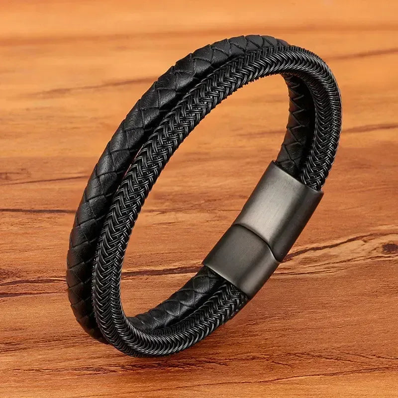 EMESA HOME Fashion Stainless Steel Charm Bracelet – Black Leather, Genuine Braided, Punk Rock Jewelry Accessories for Men - EMESA HOME™