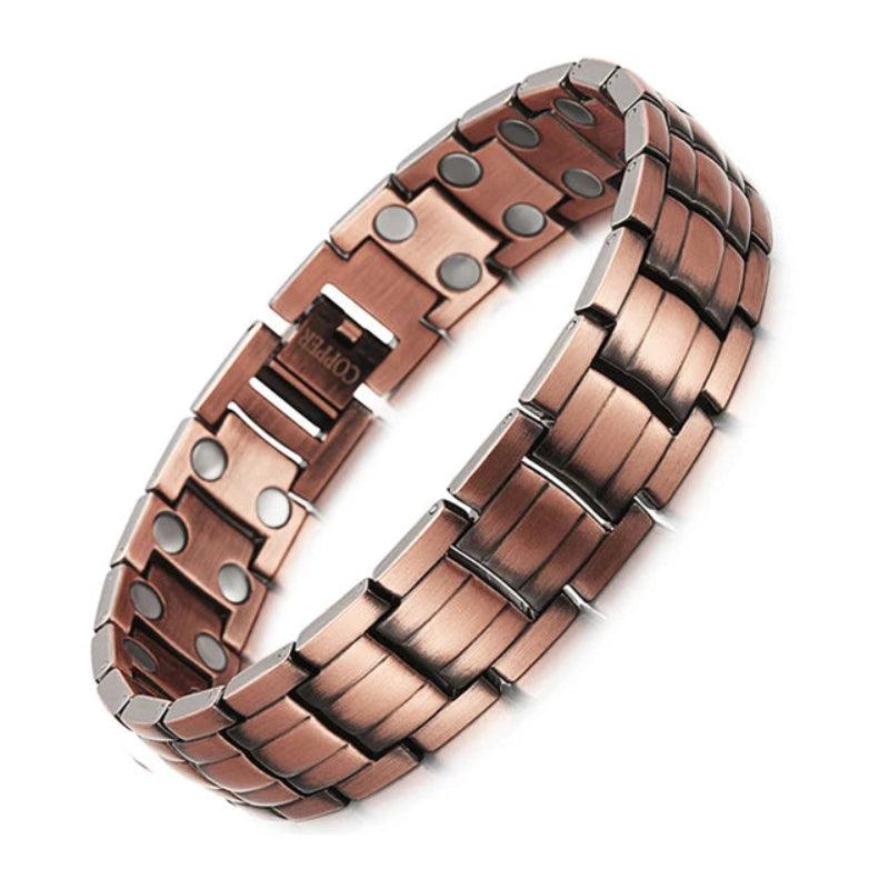Metallic bracelet with a chain design on a white background