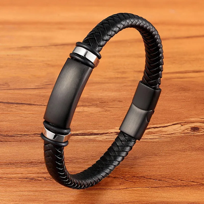 EMESA HOME Fashion Stainless Steel Charm Bracelet – Black Leather, Genuine Braided, Punk Rock Jewelry Accessories for Men BXXG1311Black