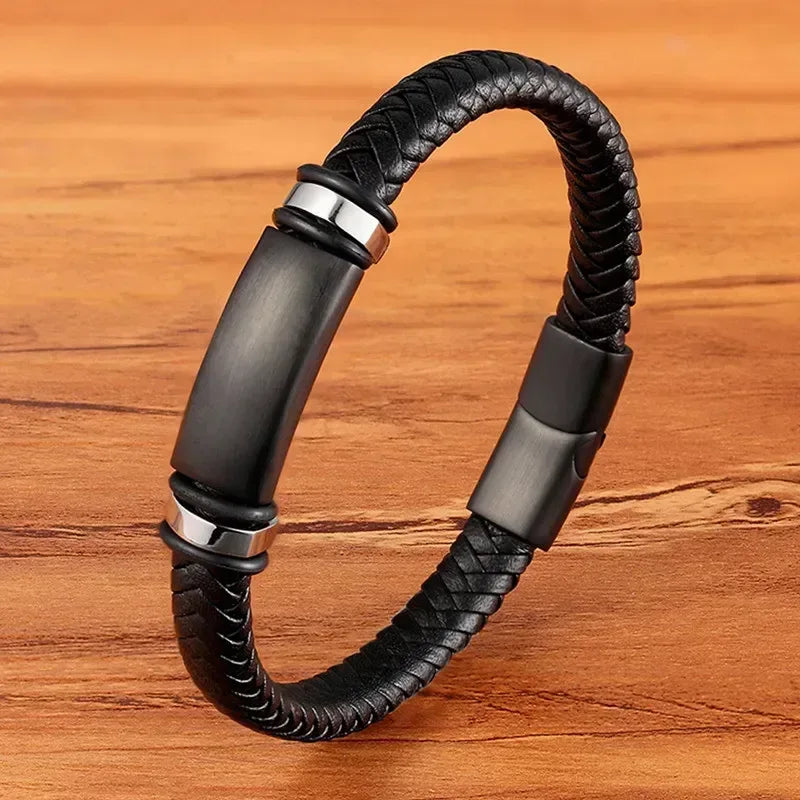 EMESA HOME Fashion Stainless Steel Charm Bracelet – Black Leather, Genuine Braided, Punk Rock Jewelry Accessories for Men - EMESA HOME™