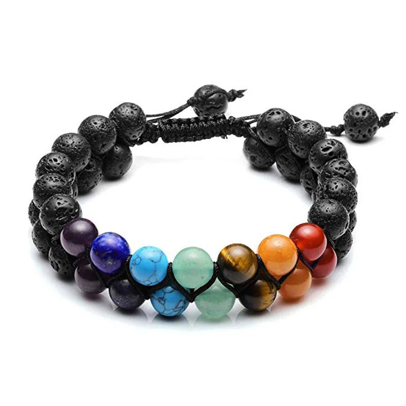 Multicolored beaded bracelet on a white background